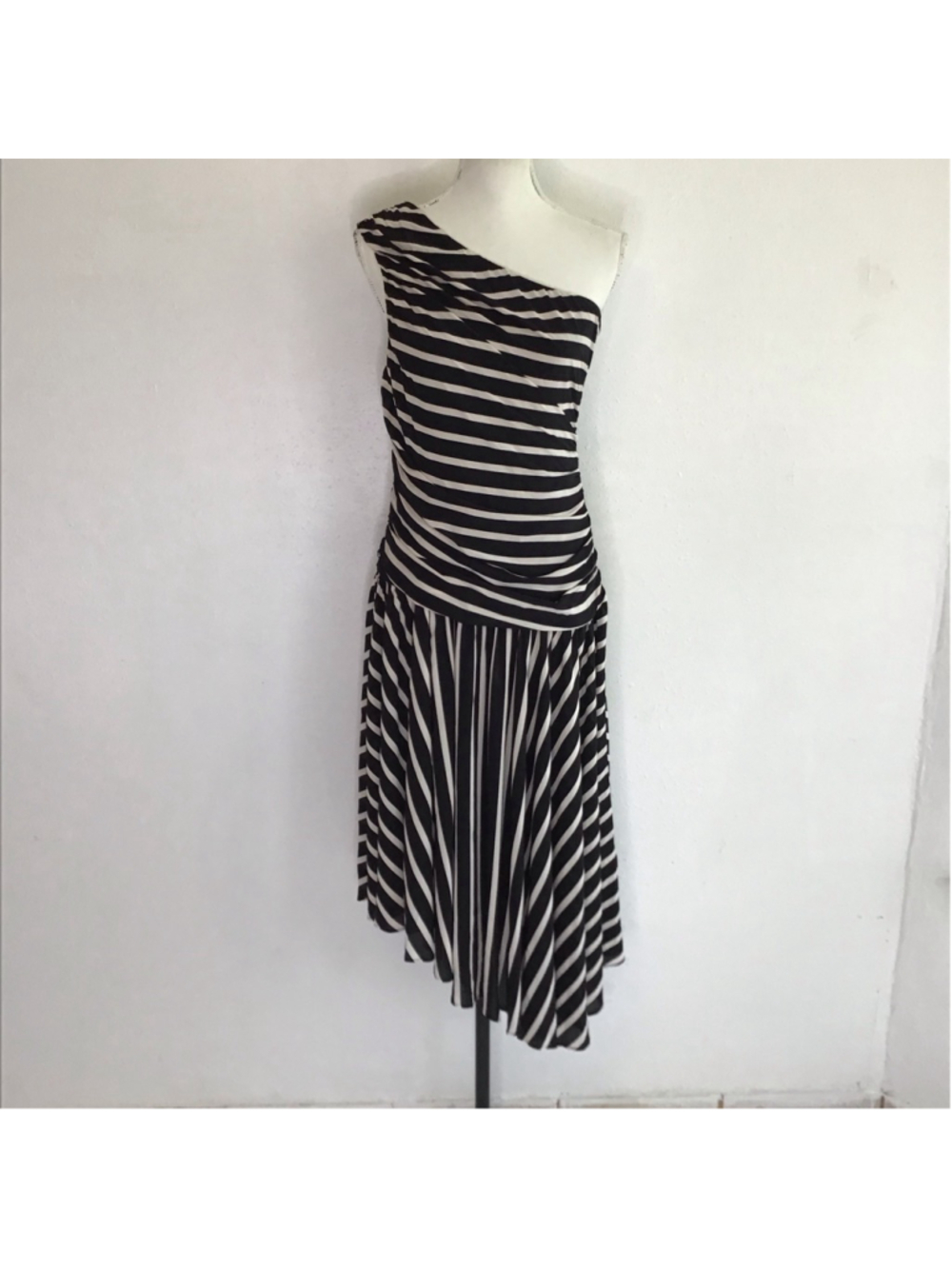 INC Women Elegant Black & White Striped One Shoulder Dress S